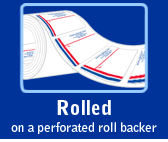 Rolled mailing labels have a perforated, rolled backer sheet.