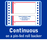 Continuous mailing labels have a rolled, perforated backer with pin-fed sides, compatible with printers.