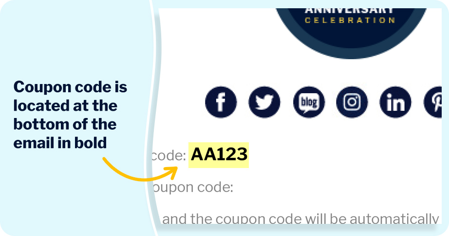 Coupon Code at the bottom of the email