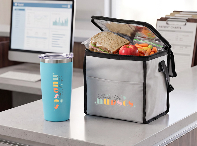 Healthcare staff appreciation promotional products like an insulated tumbler and lunch bag