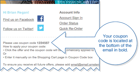 Coupon Code at the bottom of the email