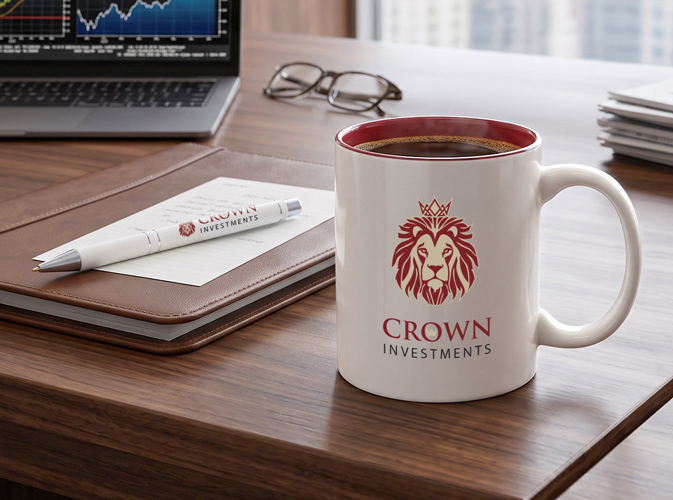 Branded promotional pens and a custom coffee mug side by side