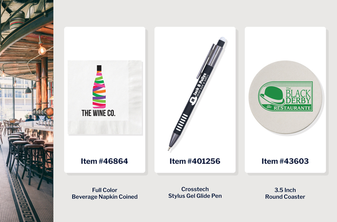 Custom Coasters, pens, and napkins for Restaurants