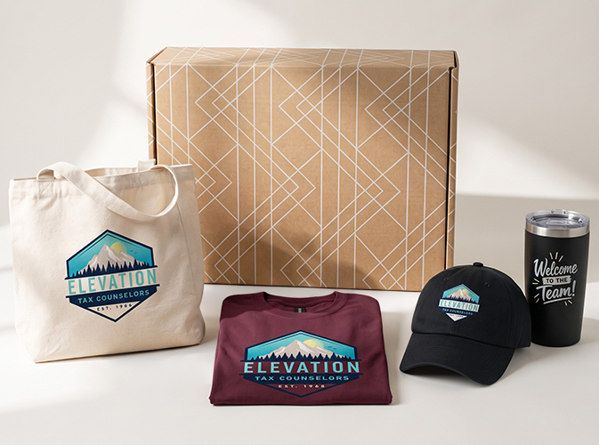Branded welcome kit items for a remote new hire